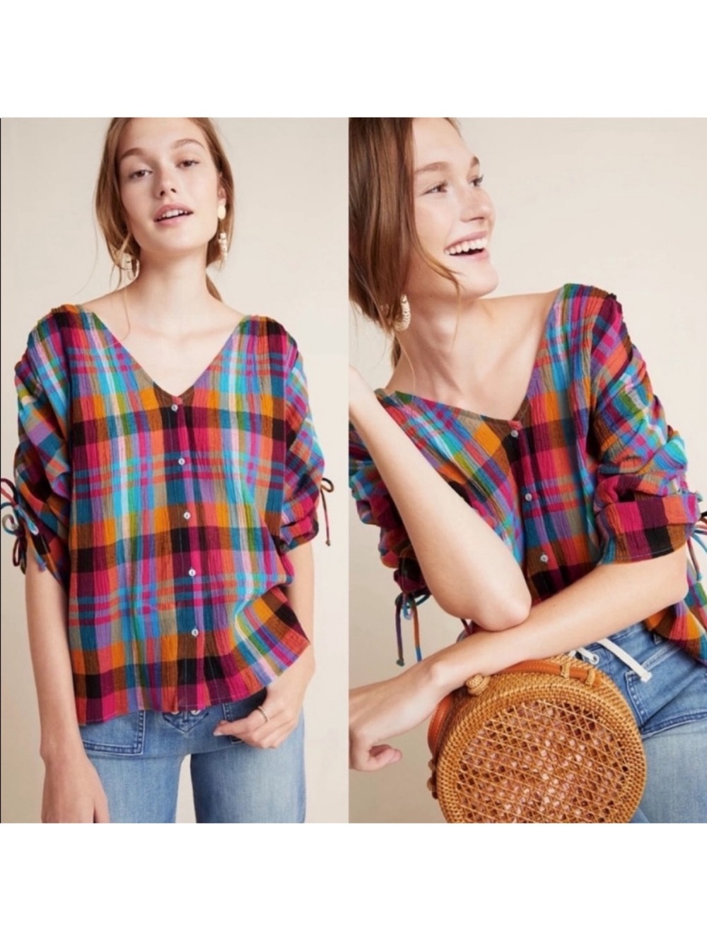 Anthropologie Maeve Amelia Colorful madras Plaid Blouse XS